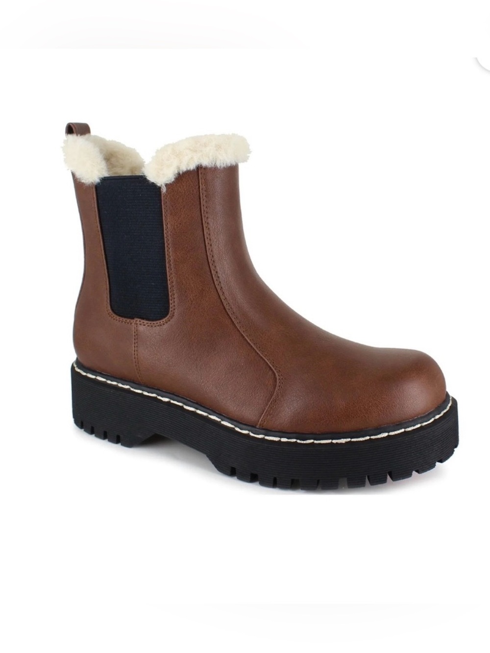 Portland Helena Women’s Tan Brown Faux Leather & Fur Ankle Chelsea Boots Size 8